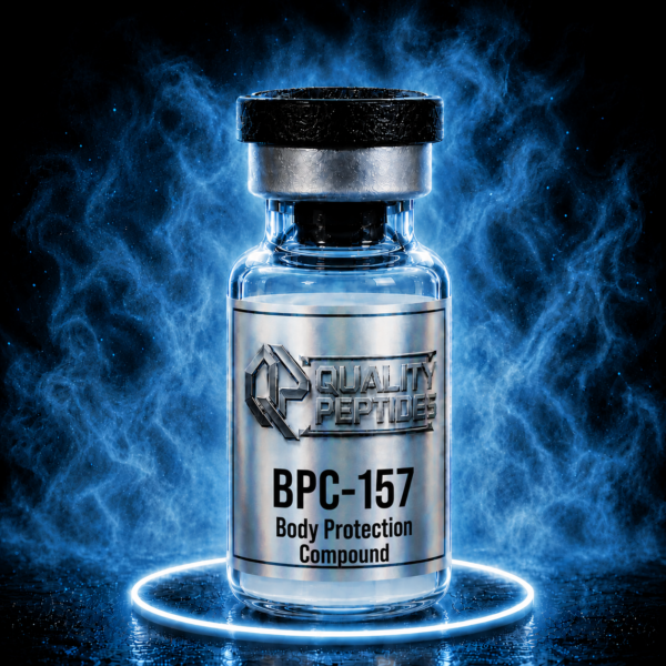 BPC-157 peptide vial with glowing blue aura