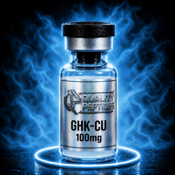 GHK-Cu 100mg peptide vial with blue glow