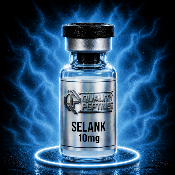 Selank 10mg peptide vial glowing with blue aura