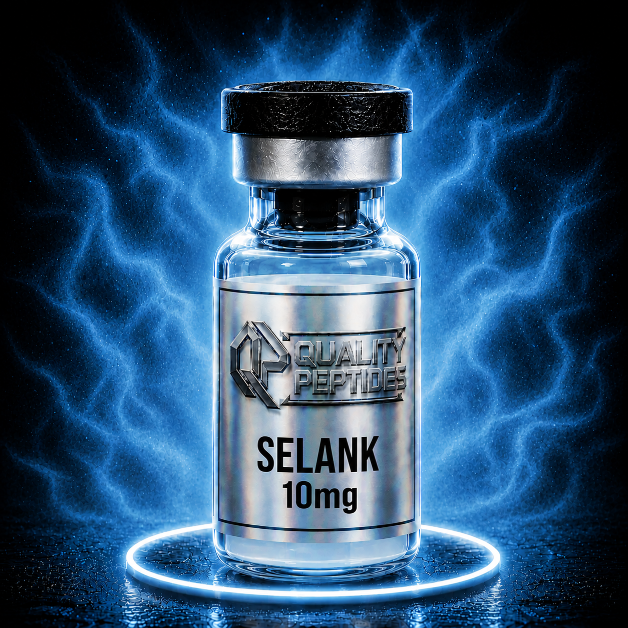 Selank 10mg peptide vial glowing with blue aura