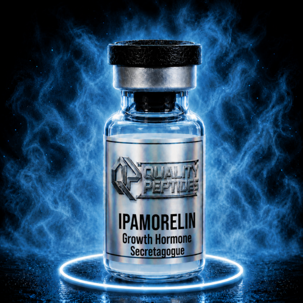 Ipamorelin peptide vial with blue glowing aura