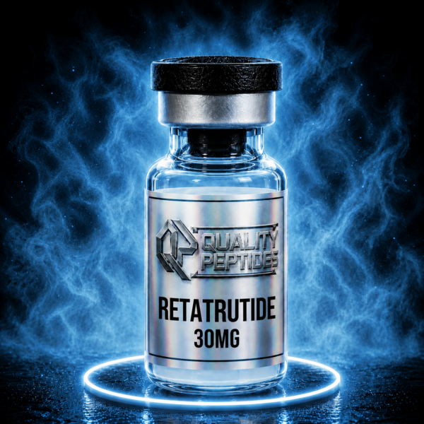 Retatrutide 30mg peptide vial glowing blue