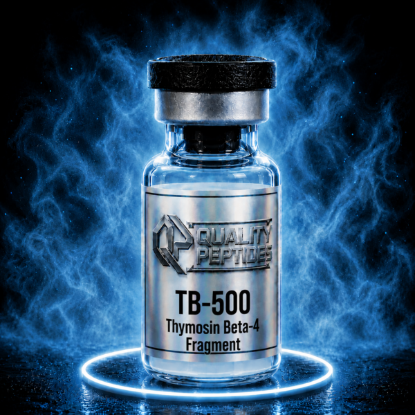 TB-500 peptide vial with glowing blue aura